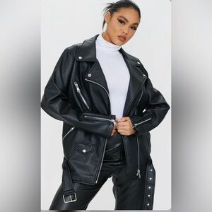 Oversized black leather jacket